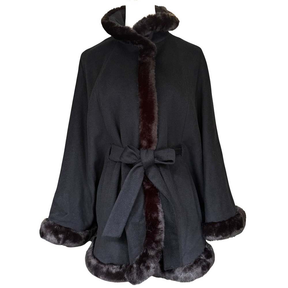 Ellen Tracy Wool Blend Faux Fur Trim Belted Poncho Cape Coat Black M Winter Glam - Picture 3 of 16